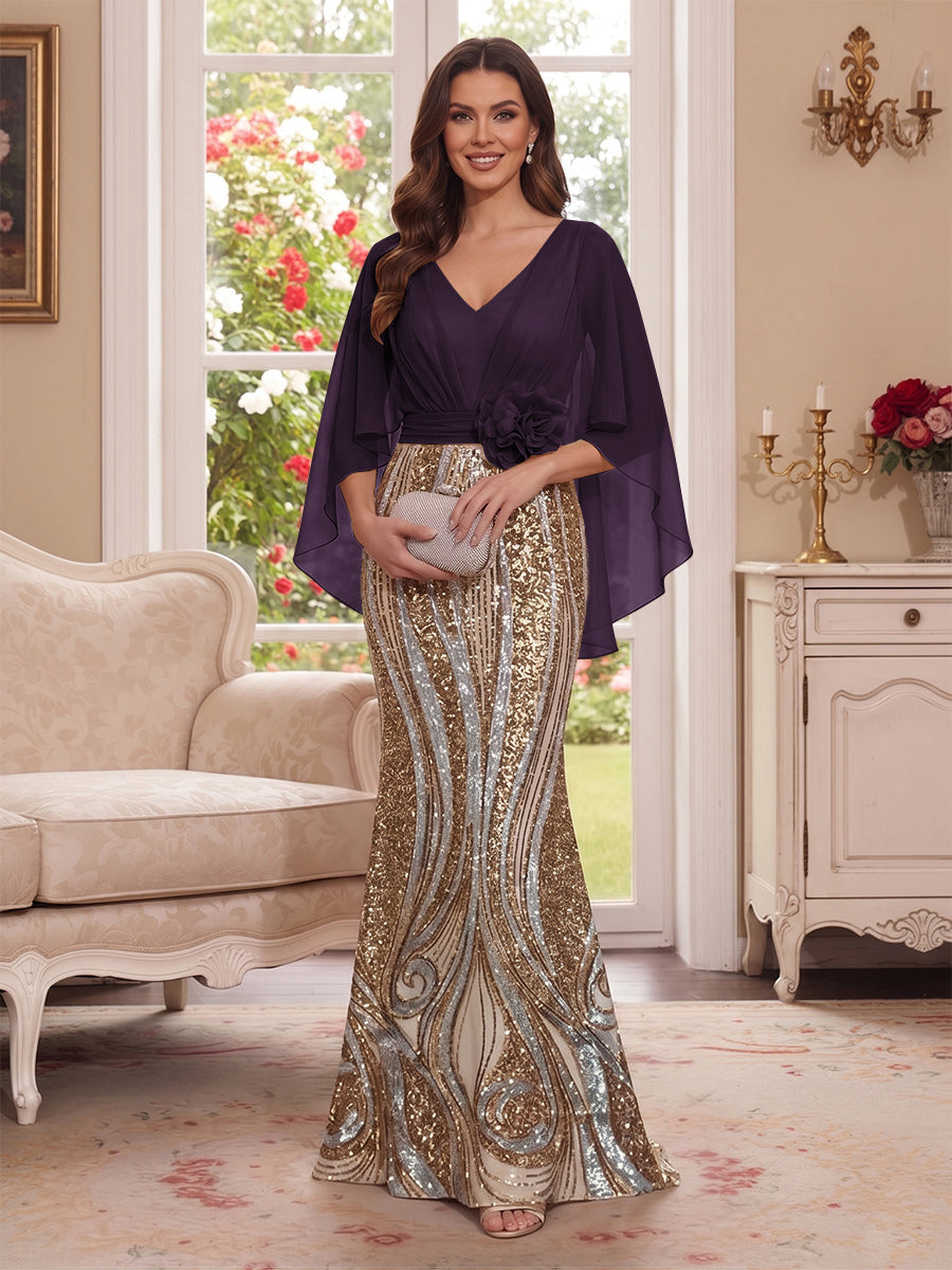 Trumpet/Mermaid V Neck Half Sleeves Floor-Length Mother of the Bride Dresses with Cape &amp; 3D Floral