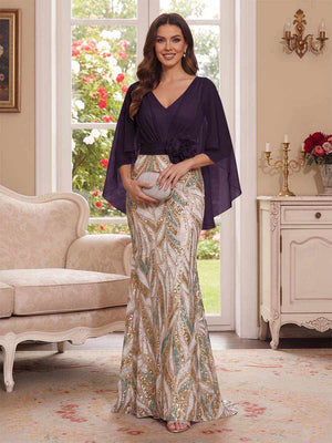 Trumpet/Mermaid V Neck Half Sleeves Floor-Length Mother of the Bride Dresses with Cape & 3D Floral