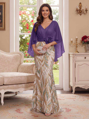 Trumpet/Mermaid V Neck Half Sleeves Floor-Length Mother of the Bride Dresses with Cape & 3D Floral