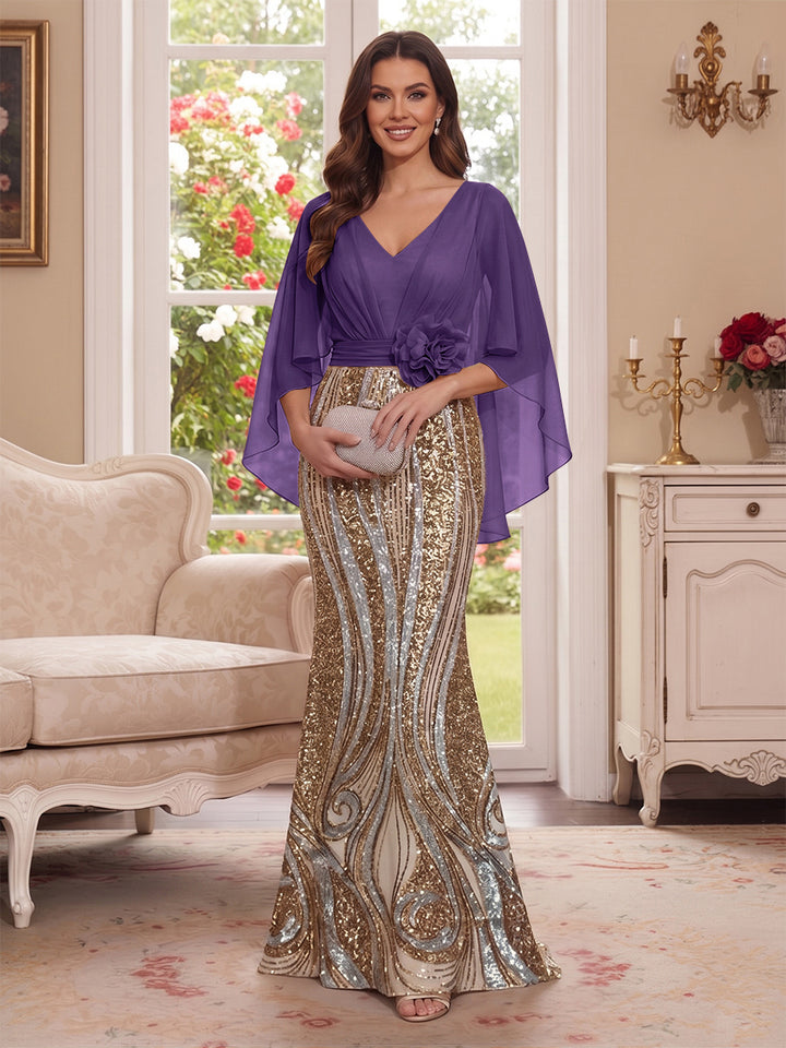 Trumpet/Mermaid V Neck Half Sleeves Floor-Length Mother of the Bride Dresses with Cape &amp; 3D Floral