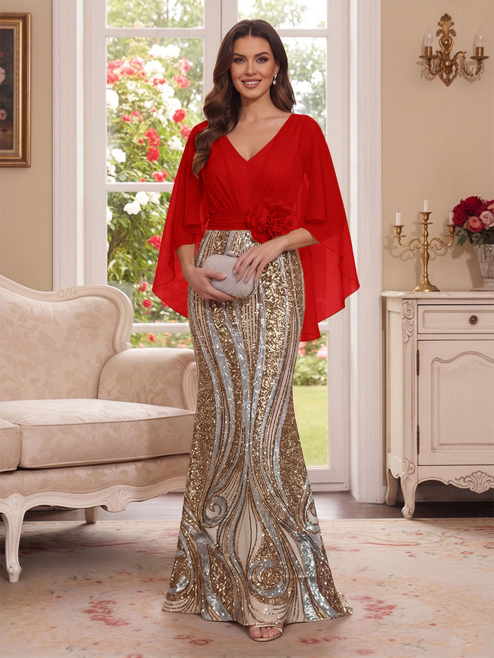 Trumpet/Mermaid V Neck Half Sleeves Floor-Length Mother of the Bride Dresses with Cape &amp; 3D Floral