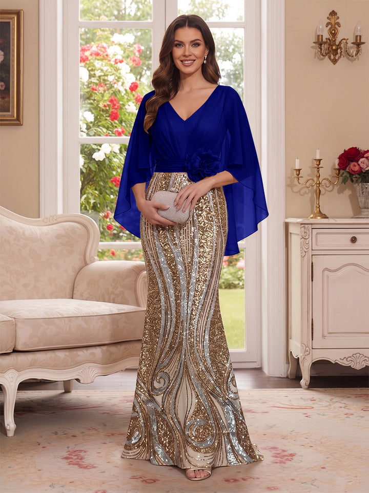 Trumpet/Mermaid V Neck Half Sleeves Floor-Length Mother of the Bride Dresses with Cape &amp; 3D Floral