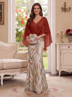 Trumpet/Mermaid V Neck Half Sleeves Floor-Length Mother of the Bride Dresses with Cape & 3D Floral