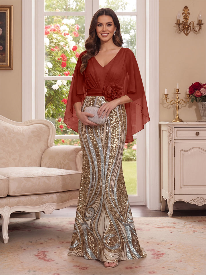 Trumpet/Mermaid V Neck Half Sleeves Floor-Length Mother of the Bride Dresses with Cape &amp; 3D Floral