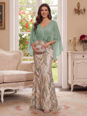 Trumpet/Mermaid V Neck Half Sleeves Floor-Length Mother of the Bride Dresses with Cape & 3D Floral