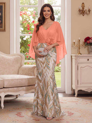 Trumpet/Mermaid V Neck Half Sleeves Floor-Length Mother of the Bride Dresses with Cape & 3D Floral