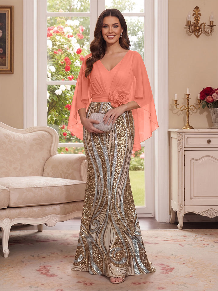 Trumpet/Mermaid V Neck Half Sleeves Floor-Length Mother of the Bride Dresses with Cape &amp; 3D Floral