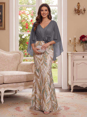 Trumpet/Mermaid V Neck Half Sleeves Floor-Length Mother of the Bride Dresses with Cape & 3D Floral