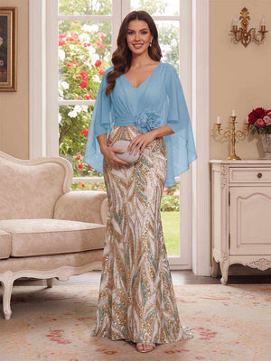 Trumpet/Mermaid V Neck Half Sleeves Floor-Length Mother of the Bride Dresses with Cape & 3D Floral