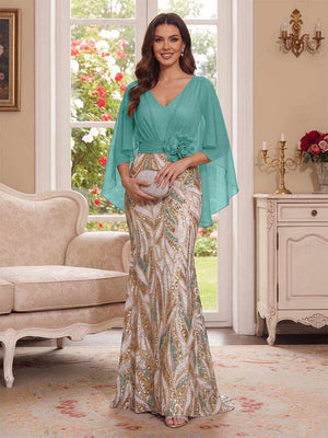 Trumpet/Mermaid V Neck Half Sleeves Floor-Length Mother of the Bride Dresses with Cape & 3D Floral