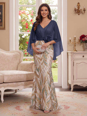 Trumpet/Mermaid V Neck Half Sleeves Floor-Length Mother of the Bride Dresses with Cape & 3D Floral