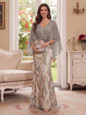 Trumpet/Mermaid V Neck Half Sleeves Floor-Length Mother of the Bride Dresses with Cape & 3D Floral