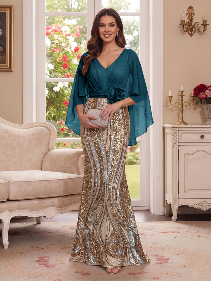 Trumpet/Mermaid V Neck Half Sleeves Floor-Length Mother of the Bride Dresses with Cape &amp; 3D Floral