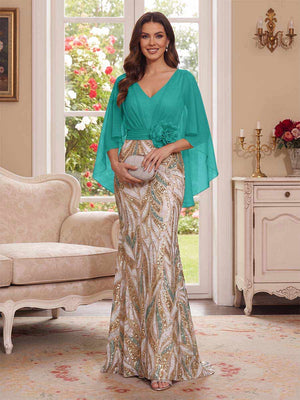 Trumpet/Mermaid V Neck Half Sleeves Floor-Length Mother of the Bride Dresses with Cape & 3D Floral