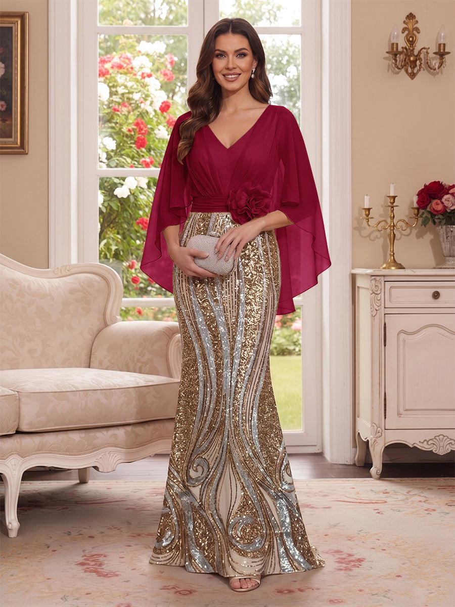 Trumpet/Mermaid V Neck Half Sleeves Floor-Length Mother of the Bride Dresses with Cape &amp; 3D Floral