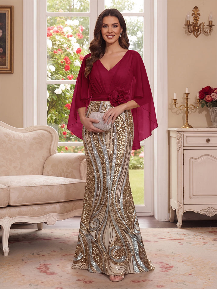 Trumpet/Mermaid V Neck Half Sleeves Floor-Length Mother of the Bride Dresses with Cape &amp; 3D Floral