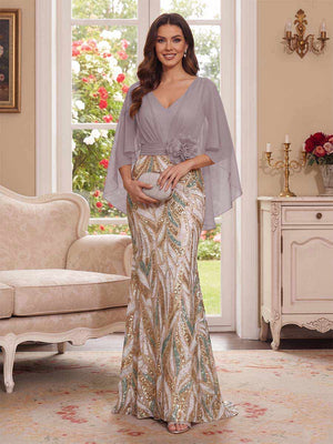 Trumpet/Mermaid V Neck Half Sleeves Floor-Length Mother of the Bride Dresses with Cape & 3D Floral