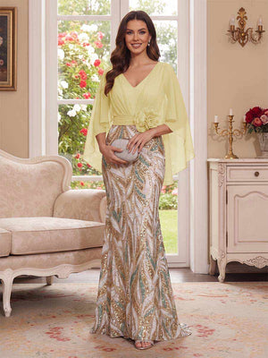 Trumpet/Mermaid V Neck Half Sleeves Floor-Length Mother of the Bride Dresses with Cape & 3D Floral