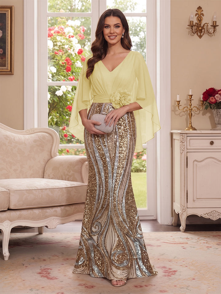 Trumpet/Mermaid V Neck Half Sleeves Floor-Length Mother of the Bride Dresses with Cape &amp; 3D Floral