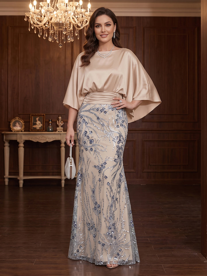 Trumpet/Mermaid Scoop 3/4 Sleeves Floor-Length Plus Size Evening Dresses with Sequins &amp; Pockets
