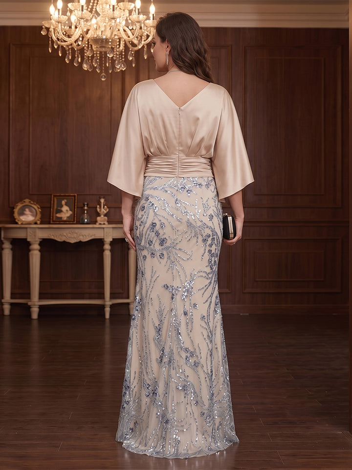 Trumpet/Mermaid Scoop 3/4 Sleeves Floor-Length Plus Size Evening Dresses with Sequins &amp; Pockets