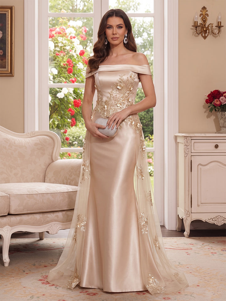 Trumpet/Mermaid Off-the-Shoulder Short Sleeves Floor-Length Mother of the Bride Dresses with Applique &amp; 3D Floral