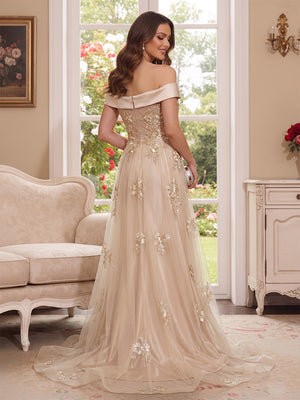 Trumpet/Mermaid Off-the-Shoulder Short Sleeves Floor-Length Mother of the Bride Dresses with Applique & 3D Floral