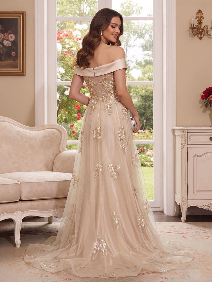 Trumpet/Mermaid Off-the-Shoulder Short Sleeves Floor-Length Mother of the Bride Dresses with Applique &amp; 3D Floral