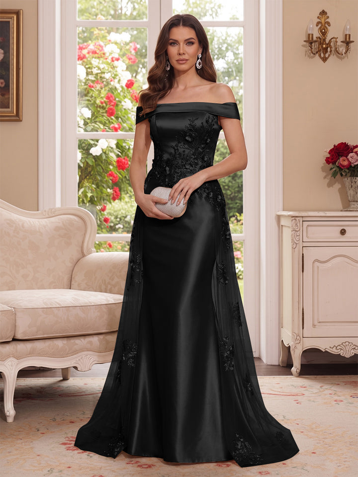 Trumpet/Mermaid Off-the-Shoulder Short Sleeves Floor-Length Mother of the Bride Dresses with Applique &amp; 3D Floral
