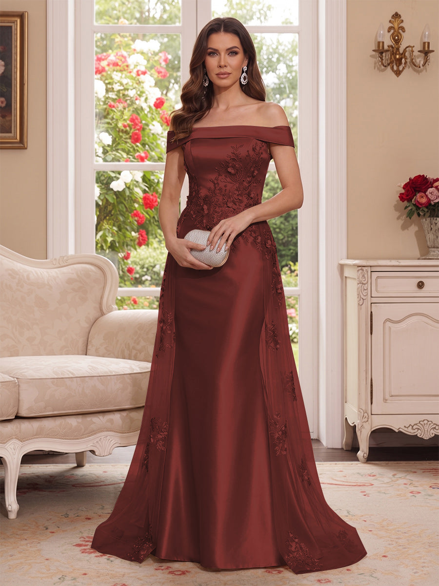 Trumpet/Mermaid Off-the-Shoulder Short Sleeves Floor-Length Mother of the Bride Dresses with Applique &amp; 3D Floral