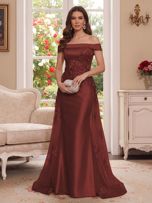 Trumpet/Mermaid Off-the-Shoulder Short Sleeves Floor-Length Mother of the Bride Dresses with Applique & 3D Floral