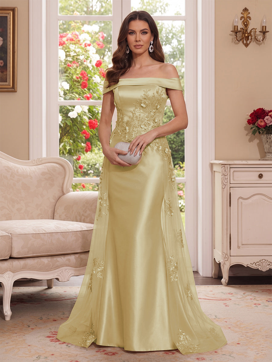 Trumpet/Mermaid Off-the-Shoulder Short Sleeves Floor-Length Mother of the Bride Dresses with Applique & 3D Floral