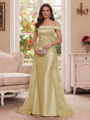 Trumpet/Mermaid Off-the-Shoulder Short Sleeves Floor-Length Mother of the Bride Dresses with Applique & 3D Floral