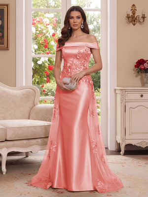 Trumpet/Mermaid Off-the-Shoulder Short Sleeves Floor-Length Mother of the Bride Dresses with Applique & 3D Floral