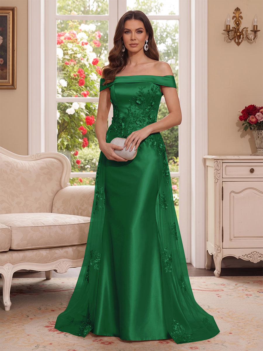 Trumpet/Mermaid Off-the-Shoulder Short Sleeves Floor-Length Mother of the Bride Dresses with Applique &amp; 3D Floral