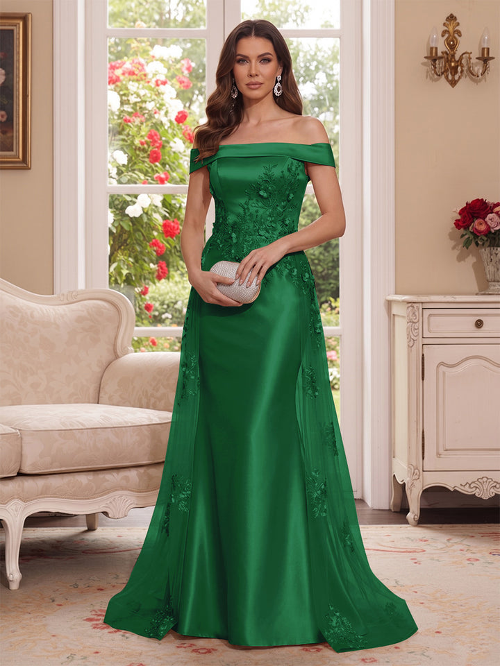 Trumpet/Mermaid Off-the-Shoulder Short Sleeves Floor-Length Mother of the Bride Dresses with Applique &amp; 3D Floral