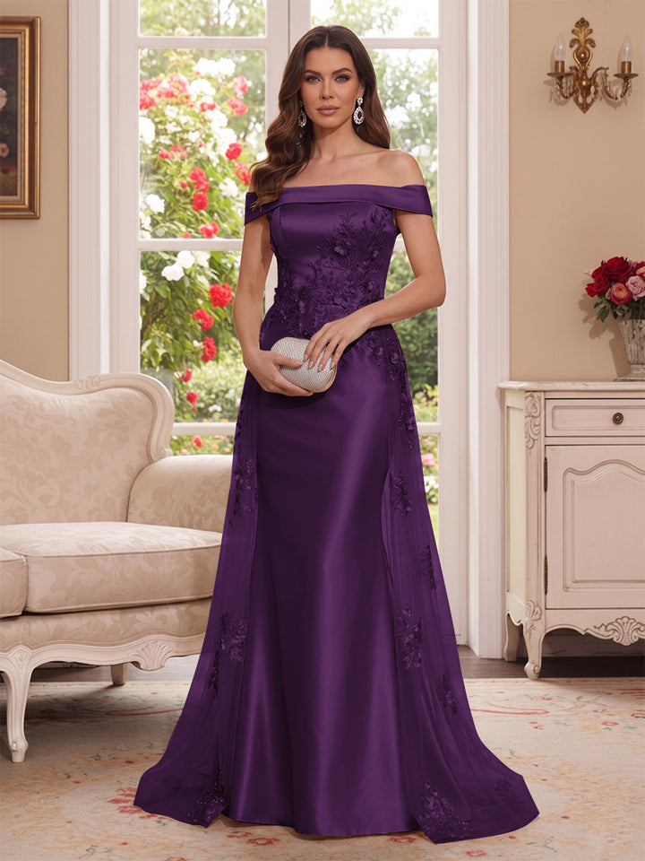 Trumpet/Mermaid Off-the-Shoulder Short Sleeves Floor-Length Mother of the Bride Dresses with Applique &amp; 3D Floral