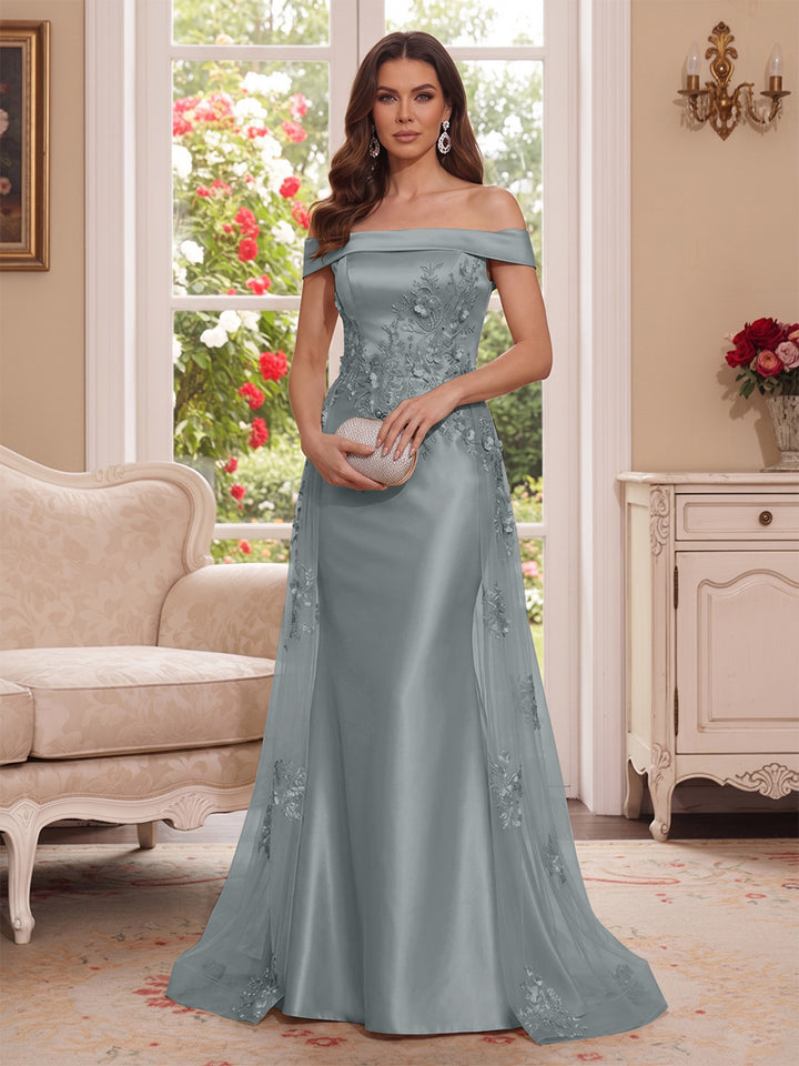 Trumpet/Mermaid Off-the-Shoulder Short Sleeves Floor-Length Mother of the Bride Dresses with Applique &amp; 3D Floral