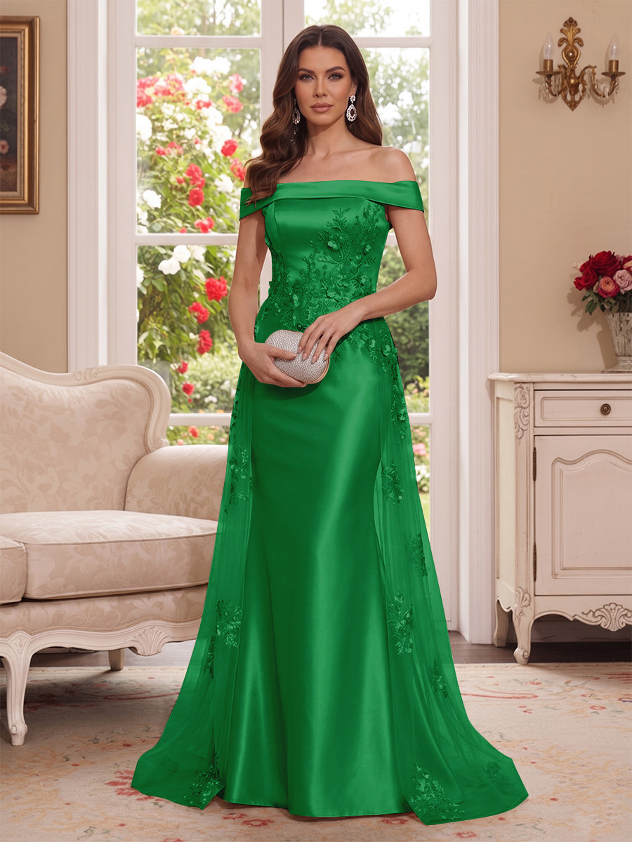 Trumpet/Mermaid Off-the-Shoulder Short Sleeves Floor-Length Mother of the Bride Dresses with Applique &amp; 3D Floral