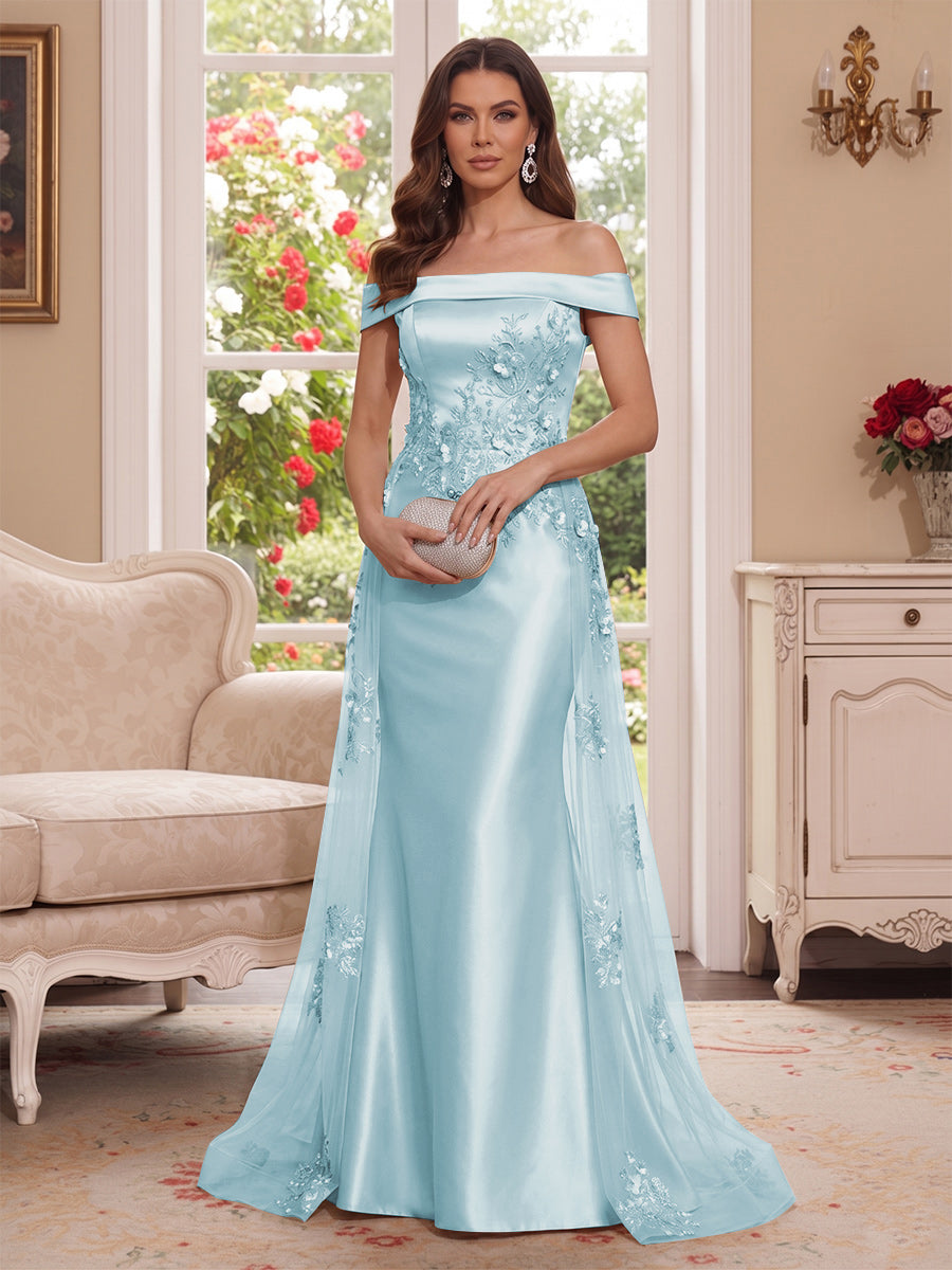 Trumpet/Mermaid Off-the-Shoulder Short Sleeves Floor-Length Mother of the Bride Dresses with Applique &amp; 3D Floral