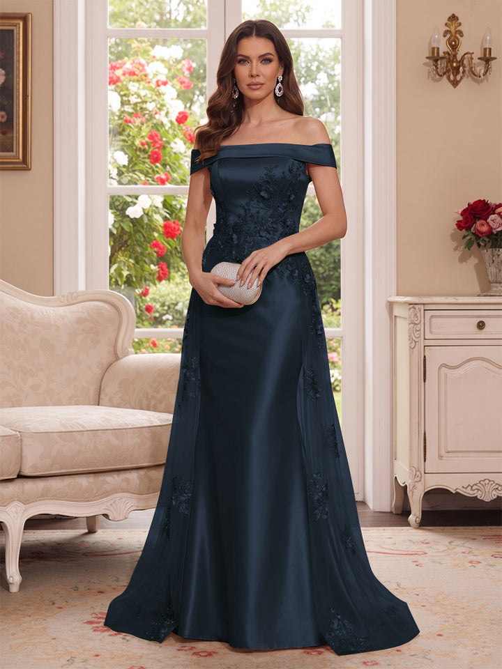 Trumpet/Mermaid Off-the-Shoulder Short Sleeves Floor-Length Mother of the Bride Dresses with Applique &amp; 3D Floral