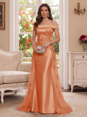 Trumpet/Mermaid Off-the-Shoulder Short Sleeves Floor-Length Mother of the Bride Dresses with Applique & 3D Floral
