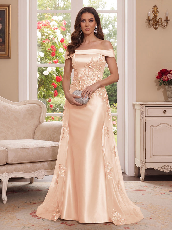 Trumpet/Mermaid Off-the-Shoulder Short Sleeves Floor-Length Mother of the Bride Dresses with Applique &amp; 3D Floral