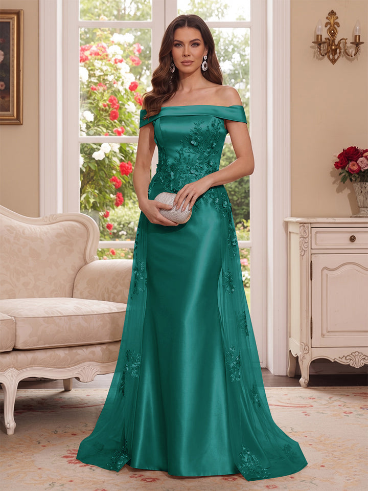 Trumpet/Mermaid Off-the-Shoulder Short Sleeves Floor-Length Mother of the Bride Dresses with Applique &amp; 3D Floral
