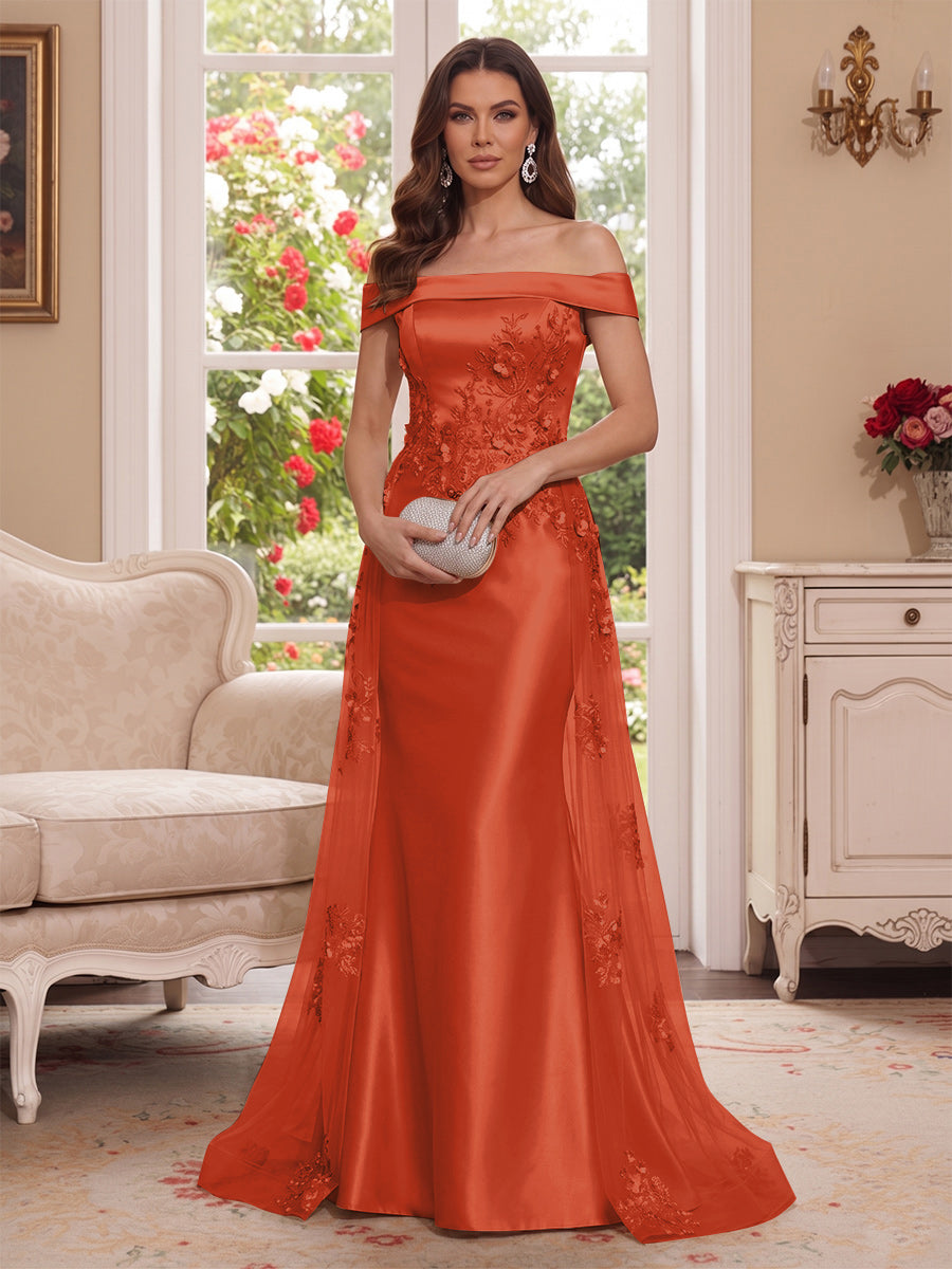 Trumpet/Mermaid Off-the-Shoulder Short Sleeves Floor-Length Mother of the Bride Dresses with Applique &amp; 3D Floral