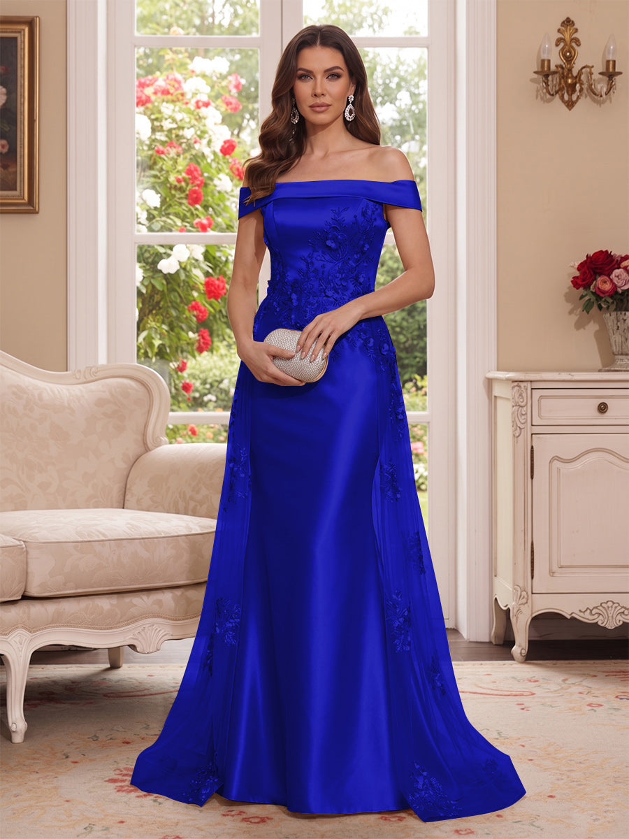 Trumpet/Mermaid Off-the-Shoulder Short Sleeves Floor-Length Mother of the Bride Dresses with Applique &amp; 3D Floral