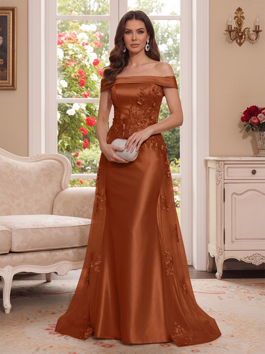 Trumpet/Mermaid Off-the-Shoulder Short Sleeves Floor-Length Mother of the Bride Dresses with Applique &amp; 3D Floral