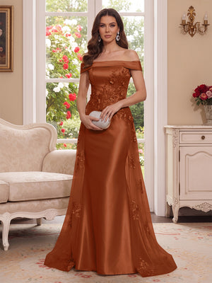 Trumpet/Mermaid Off-the-Shoulder Short Sleeves Floor-Length Mother of the Bride Dresses with Applique & 3D Floral