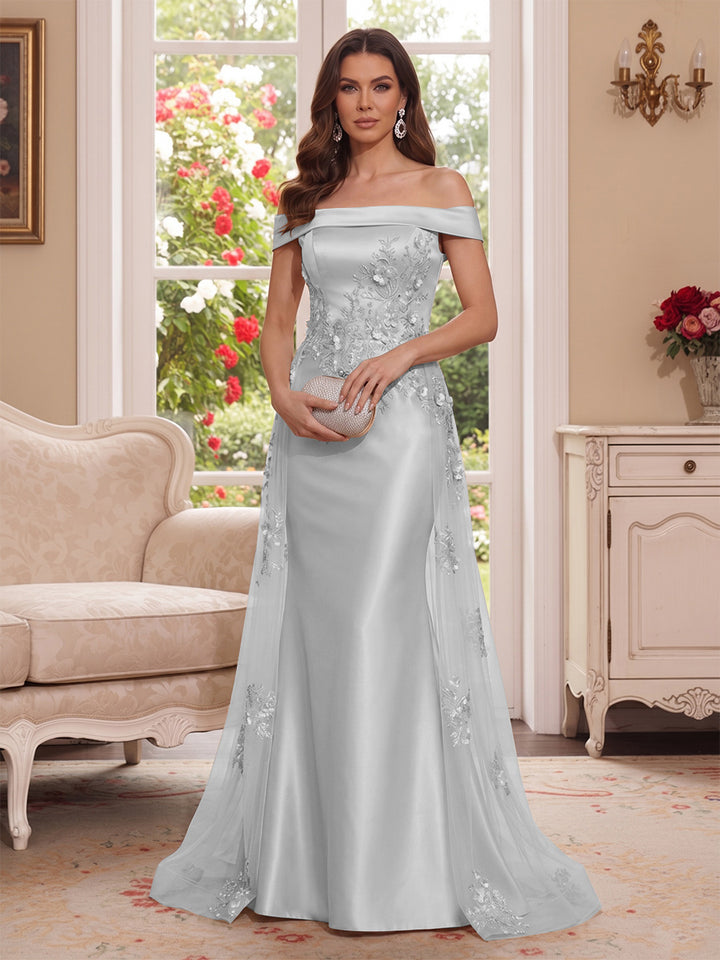 Trumpet/Mermaid Off-the-Shoulder Short Sleeves Floor-Length Mother of the Bride Dresses with Applique &amp; 3D Floral