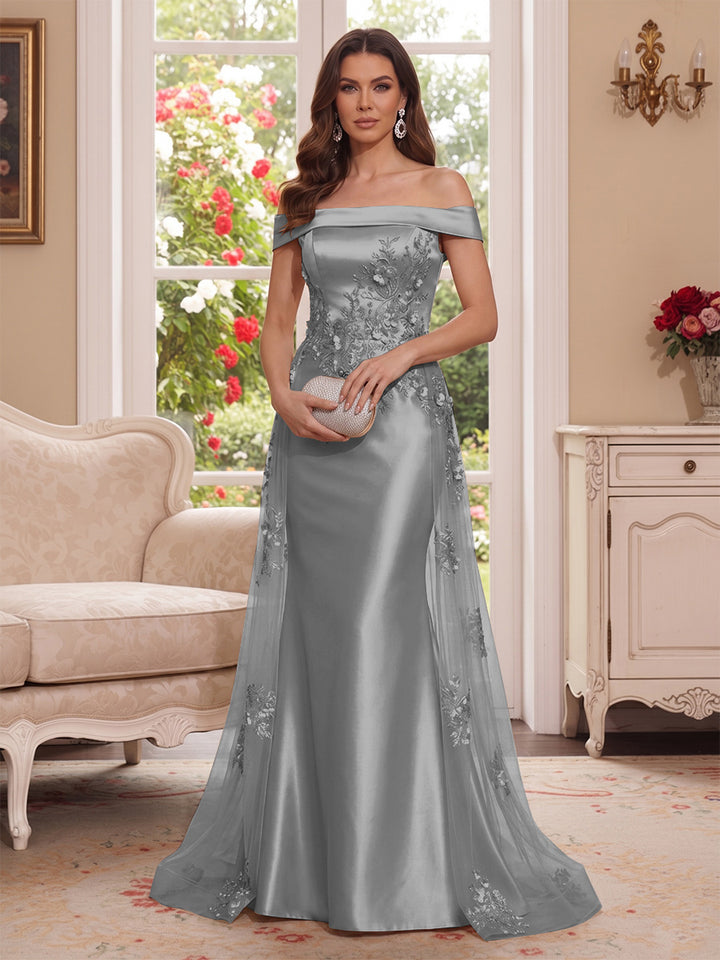 Trumpet/Mermaid Off-the-Shoulder Short Sleeves Floor-Length Mother of the Bride Dresses with Applique &amp; 3D Floral